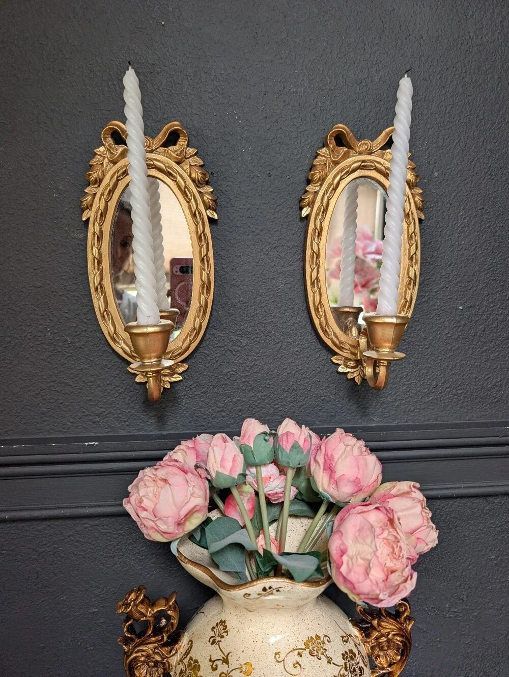 Vintage, set of 2, Hollywood Regency Gold Oval Mirror Sconce - Ornate Bow & Flow